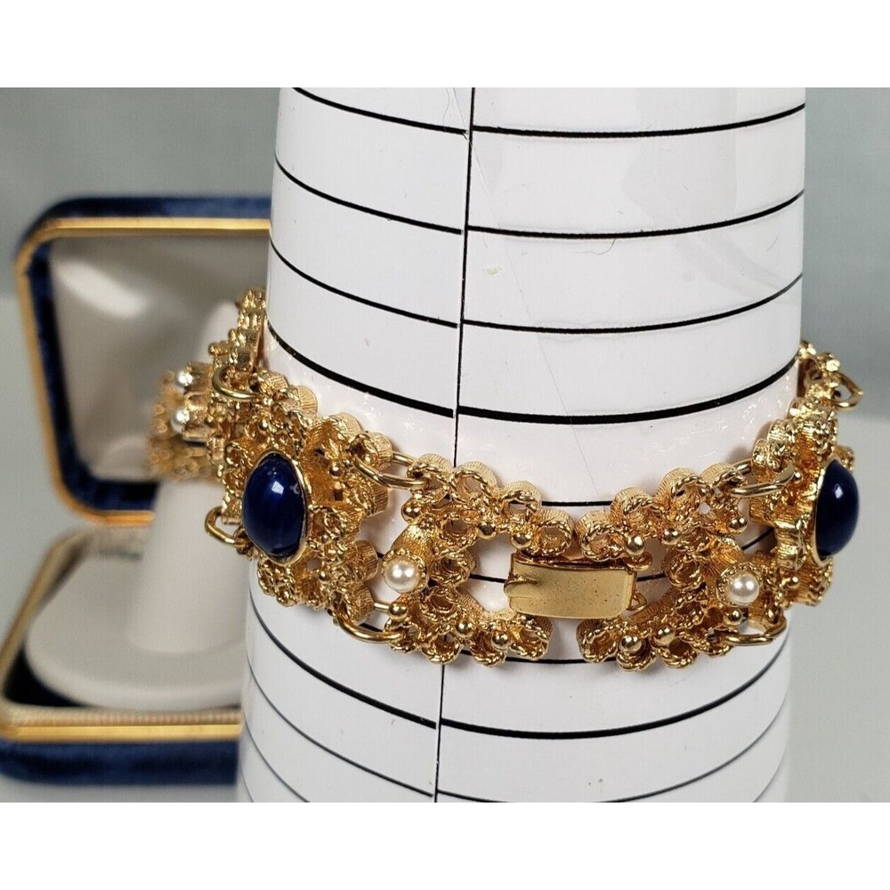 Vintage 1975 Sarah Coventry Victorian Blue Bracelet With Adjustable Ring Set - Picture 12 of 16